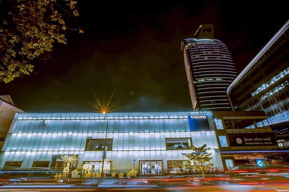 Night view of the glazed Volvo showroom in Phnom Penh